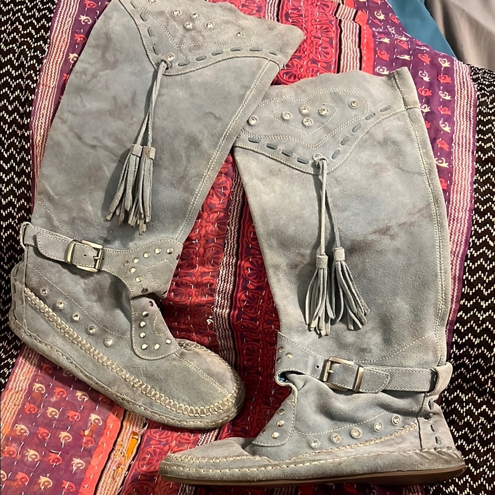 Gray Suede Knee-High Boots with Tassels